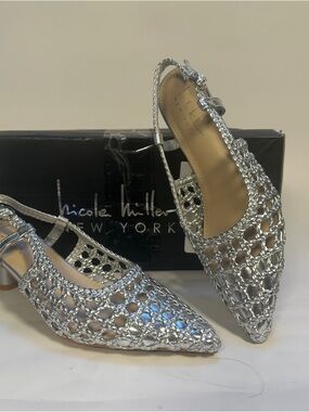Nicole Miller Silver Woven Slingback Pumps Size 6.5